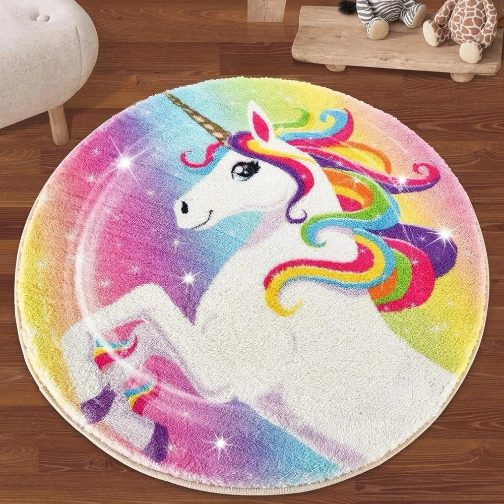 NIP Unicorn Bath Mat Plush Rug Lisa Frank Style Round Rug Home Decor Magical Uni